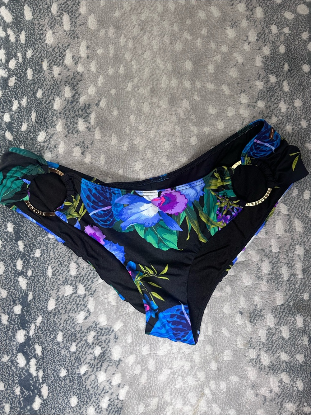 Victoria's Secret Black Floral Bikini Bottom with Blue & Purple Flowers